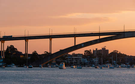 Sydney, Australia - October 8, 2021: Close-up view of Gladesville Bridge at sunset time.のeditorial素材