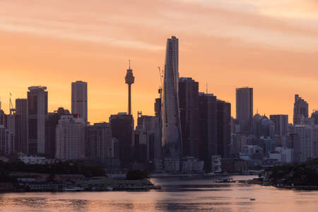 Sydney, Australia - December 18, 2021: Sunrise view of Sydney Tower, Crown Towers, and International Towers.のeditorial素材