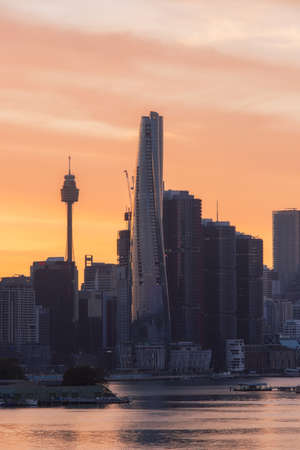 Sydney, Australia - December 18, 2021: Sunrise view of Sydney Tower, Crown Towers, and International Towers.のeditorial素材