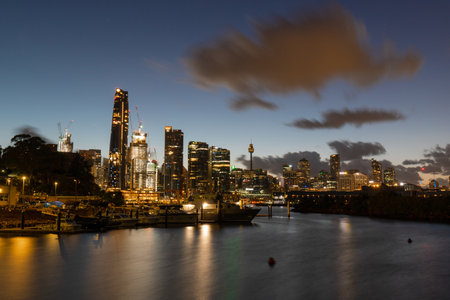 Sydney, Australia - February 5, 2022: Dawn view of Sydney CBD skyline with cloudy sky.のeditorial素材