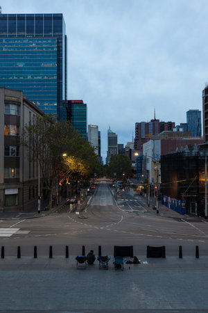 Melbourne, Australia - April 2, 2022: Dawn view of Bourke St from Parliament.のeditorial素材