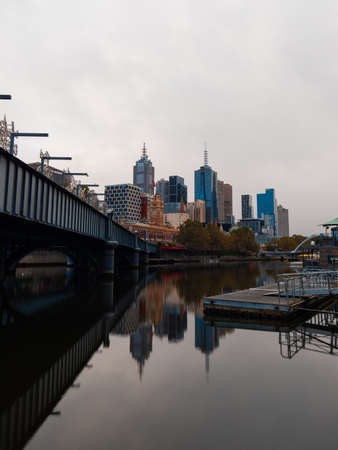 Melbourne, Australia - April 3, 2022: Sandridge Bridge and Melbourne CBD skyline in the morning.のeditorial素材