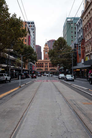 Melbourne, Australia - April 3, 2022: Flinders Station view from Elizabeth St.のeditorial素材