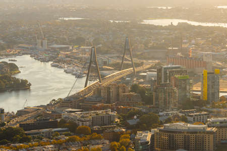 Sydney, Australia - April 16, 2022: Anzac Bridge under the warm sunset light.のeditorial素材
