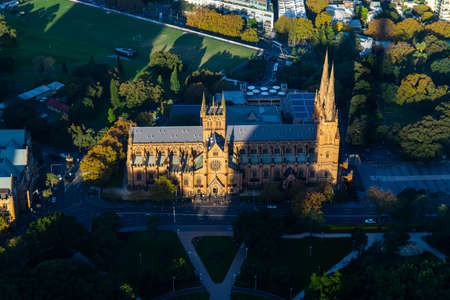 Sydney, Australia - April 16, 2022: Aerial view of St Mary Cathedral.のeditorial素材