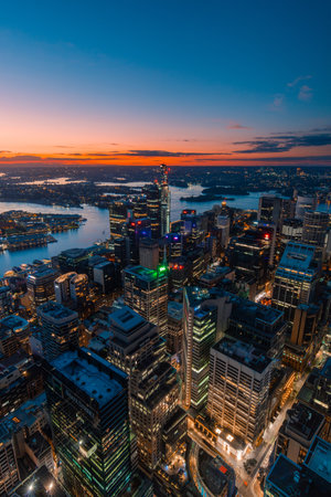 Sydney, Australia - April 16, 2022: Aerial view of Sydney CBD at dusk.のeditorial素材