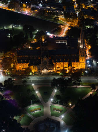 Sydney, Australia - April 16, 2022: St Mary Cathedral view at night.のeditorial素材