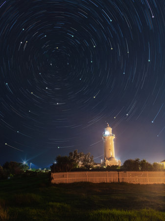 Star trails at Macquarie Lighthouse, Sydney, Australia.の写真素材