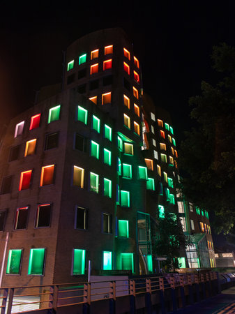 Sydney, Australia - May 27, 2022: Colorful light up of UTS building during Vivid Sydney.のeditorial素材