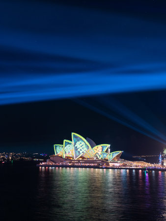 Sydney, Australia - May 27, 2022: Sydney Opera House light up and light beams for Vivid Sydney.のeditorial素材