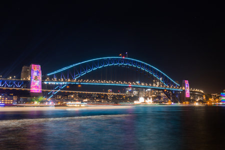 Sydney, Australia - May 27, 2022: Sydney Harbour Bridge light up at night for Vivid Sydney.のeditorial素材