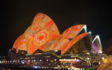 Sydney, Australia - May 27, 2022: Red colored pattern on Sydney Opera House.のeditorial素材