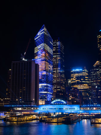 Sydney, Australia - May 27, 2022: Sydney cityscape lights up during Vivid Sydney.のeditorial素材