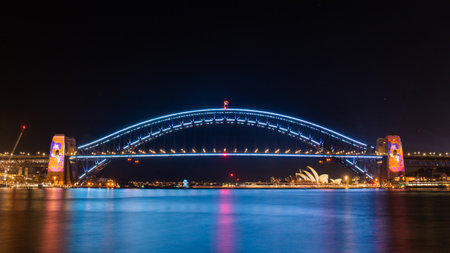 Sydney, Australia - May 27, 2022: Sydney Harbour lights up at night during Vivid Sydney.のeditorial素材