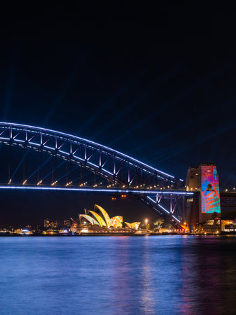 Sydney, Australia - May 27, 2022: Sydney Harbour Bridge and Opera House light up for Vivid Sydney.のeditorial素材