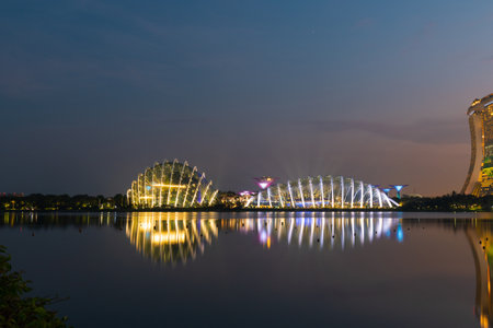 Singapore - May 20, 2022: Garden by the bay and its reflection at dusk.のeditorial素材