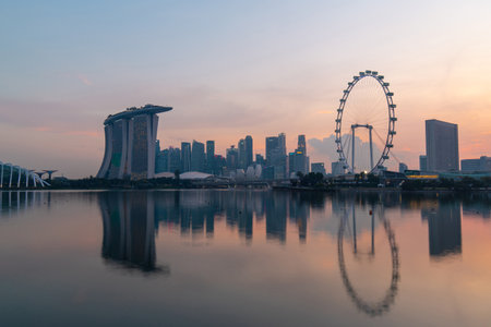 Singapore - May 20, 2022: Sunset view of Singapore downtown skyline.のeditorial素材