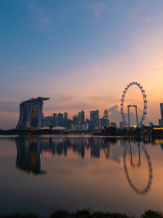 Singapore - May 20, 2022: Sunset view of Singapore city skyline.のeditorial素材