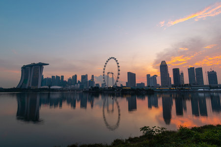 Singapore - May 20, 2022: Sunset view of Singapore downtown skyline.のeditorial素材