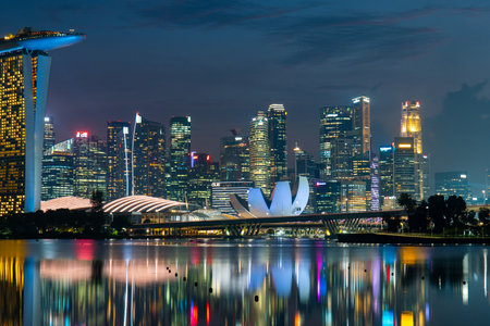 Singapore - May 20, 2022: Night view of Singapore downtown.のeditorial素材