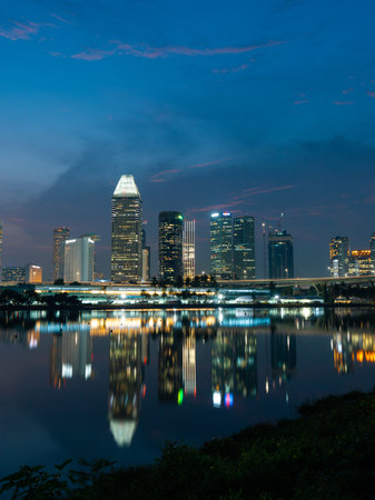 Singapore - May 20, 2022: Night view of Singapore downtown.のeditorial素材