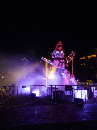 Sydney, Australia - May 31, 2022: Earth Deities Vivid Sydney installation with fog around.のeditorial素材