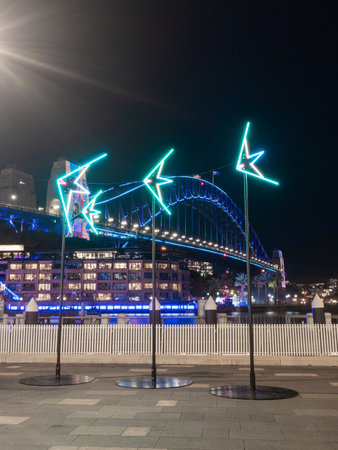 Sydney, Australia - May 31, 2022: Sydney Harbour Bridge with Vivid Sydney installation.のeditorial素材