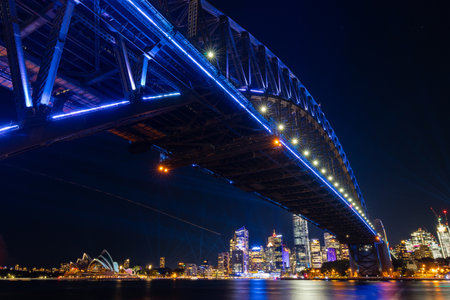 Sydney, Australia - June 6, 2022: Sydney Harbour view at night during Vivid Sydney.のeditorial素材