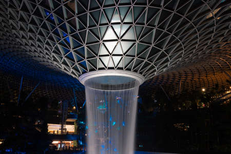 Singapore - May 19, 2022: Close-up view of Jewel Changi Airport waterfall vortex.のeditorial素材
