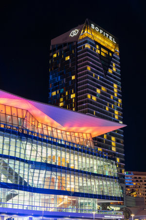 Sydney, Australia - June 8, 2022: Sofitel and ICC buildings at night.のeditorial素材