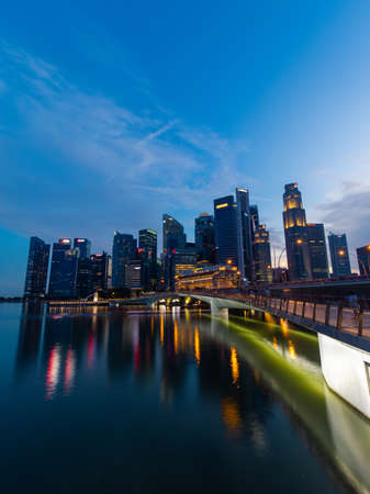 Singapore - May 22, 2022: Dusk view of Singapore downtown skyline.のeditorial素材