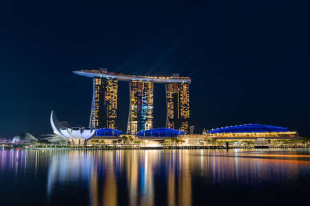 Singapore - May 22, 2022: Laser show at Marina Bay Sands at night.のeditorial素材