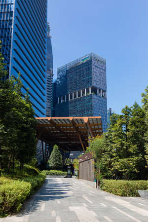 Singapore - May 24, 2022: Buildings around Tanjong Pagar station with blue sky.のeditorial素材