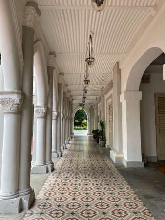 Singapore - May 21, 2022: Perspective view of alleyway at Chijmes.のeditorial素材