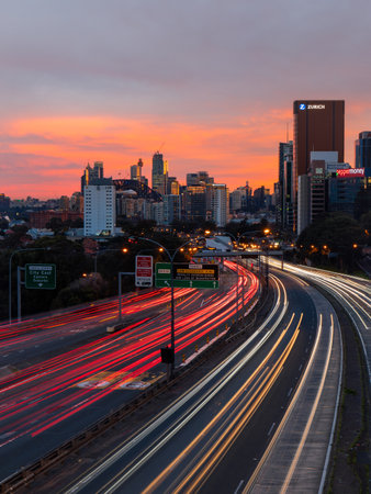 Sydney, Australia - July 16, 2022: Sunset traffic with Sydney CBD on the background.のeditorial素材