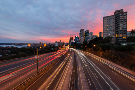 Sydney, Australia - July 16, 2022: Highway traffic at sunset time.のeditorial素材