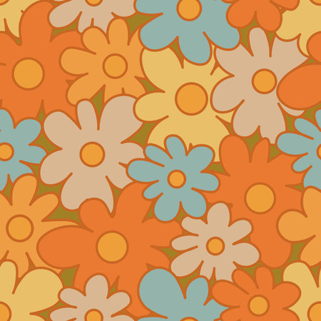 70s Retro Seamless Pattern With Stylized Flowers. 60s and 70s Retro style and Aesthetic. Colorful retro design. Seamless Flowers vintage background, vector illustrationのイラスト素材