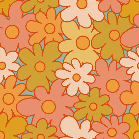 70s Retro Seamless Pattern With Stylized Flowers. 60s and 70s Retro style and Aesthetic. Colorful retro design. Seamless Flowers vintage background, vector illustrationのイラスト素材