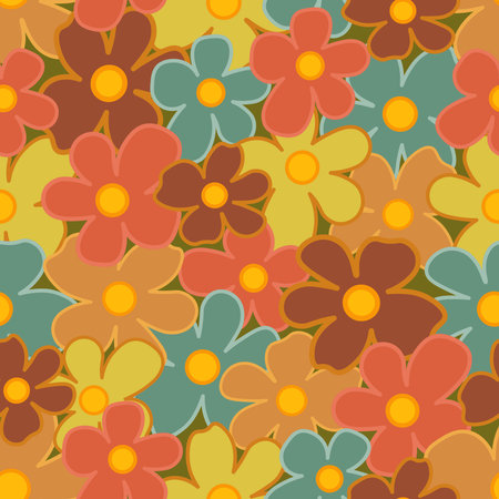 70s Retro Seamless Pattern With Stylized Flowers. 60s and 70s Retro style and Aesthetic. Colorful retro design. Seamless Flowers vintage background, vector illustrationのイラスト素材