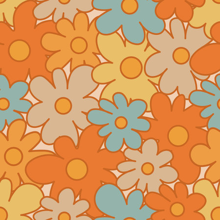 70s Retro Seamless Pattern With Stylized Flowers. 60s and 70s Retro style and Aesthetic. Colorful retro design. Seamless Flowers vintage background, vector illustrationのイラスト素材