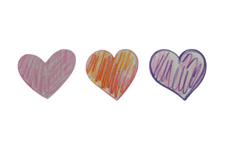 Set of pink watercolor pencils drawings of handmade hearts on a white isolated background, flat. Romantic background, wrapping, valentines, holiday, greeting card, decorationの写真素材