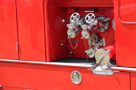 The Water Controlling Valves on an Emergency Fire Engine.の写真素材