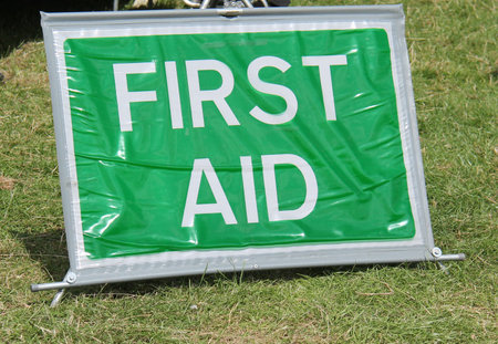 A Temporary Sign for an Outdoors First Aid Post.の写真素材