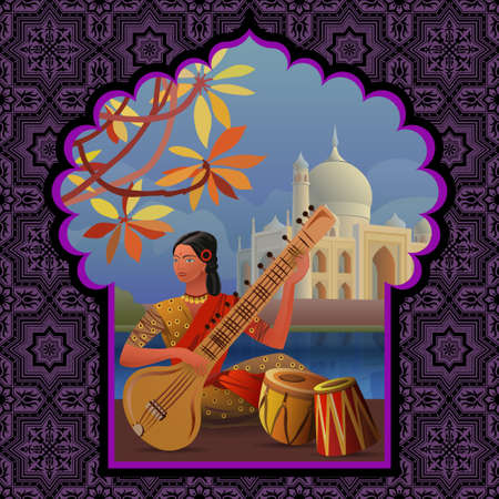 Indian girl playing sitar near Taj Mahalのイラスト素材