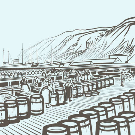 People packing fresh fish at the fish factory outdoors in Iceland monochromatic retro illustrationのイラスト素材