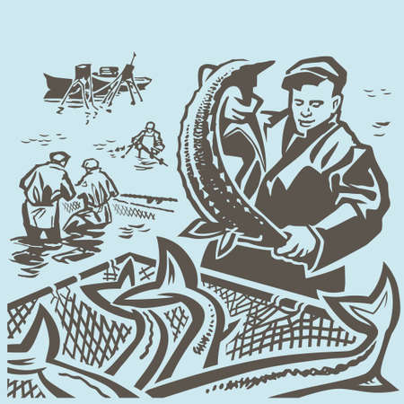 Fishermen at sea take fish through the seineのイラスト素材