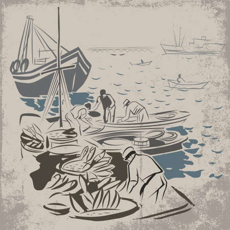 Fishermen after successful fishing unloading their boatsのイラスト素材