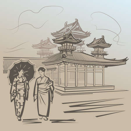 Japanese girls walking near temple in Japanのイラスト素材