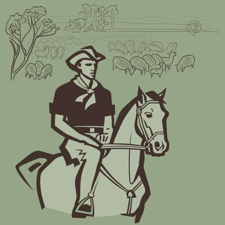 Cowboy herding sheep on the prairie vector illustrationのイラスト素材