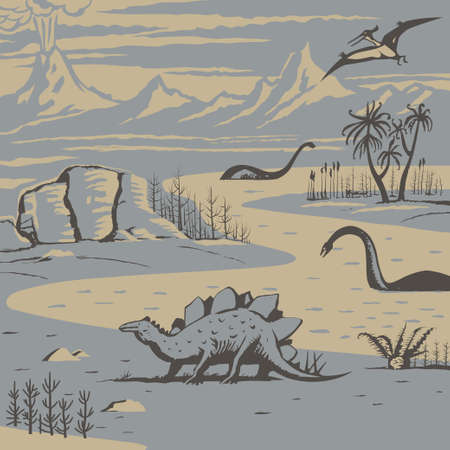 Prehistoric landscape with carnivorous dinosaurs and ancient plants vector illustrationのイラスト素材
